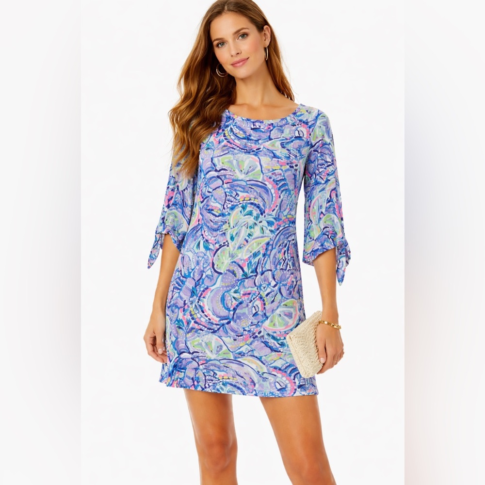 Lilly Pulitzer Blue Tropical Print Shift Dress Tie Sleeve Women’s Medium